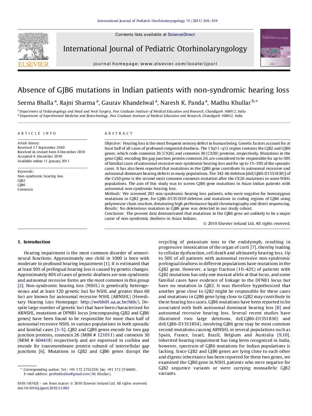 Absence of GJB6 mutations in Indian patients with non-syndromic hearing loss