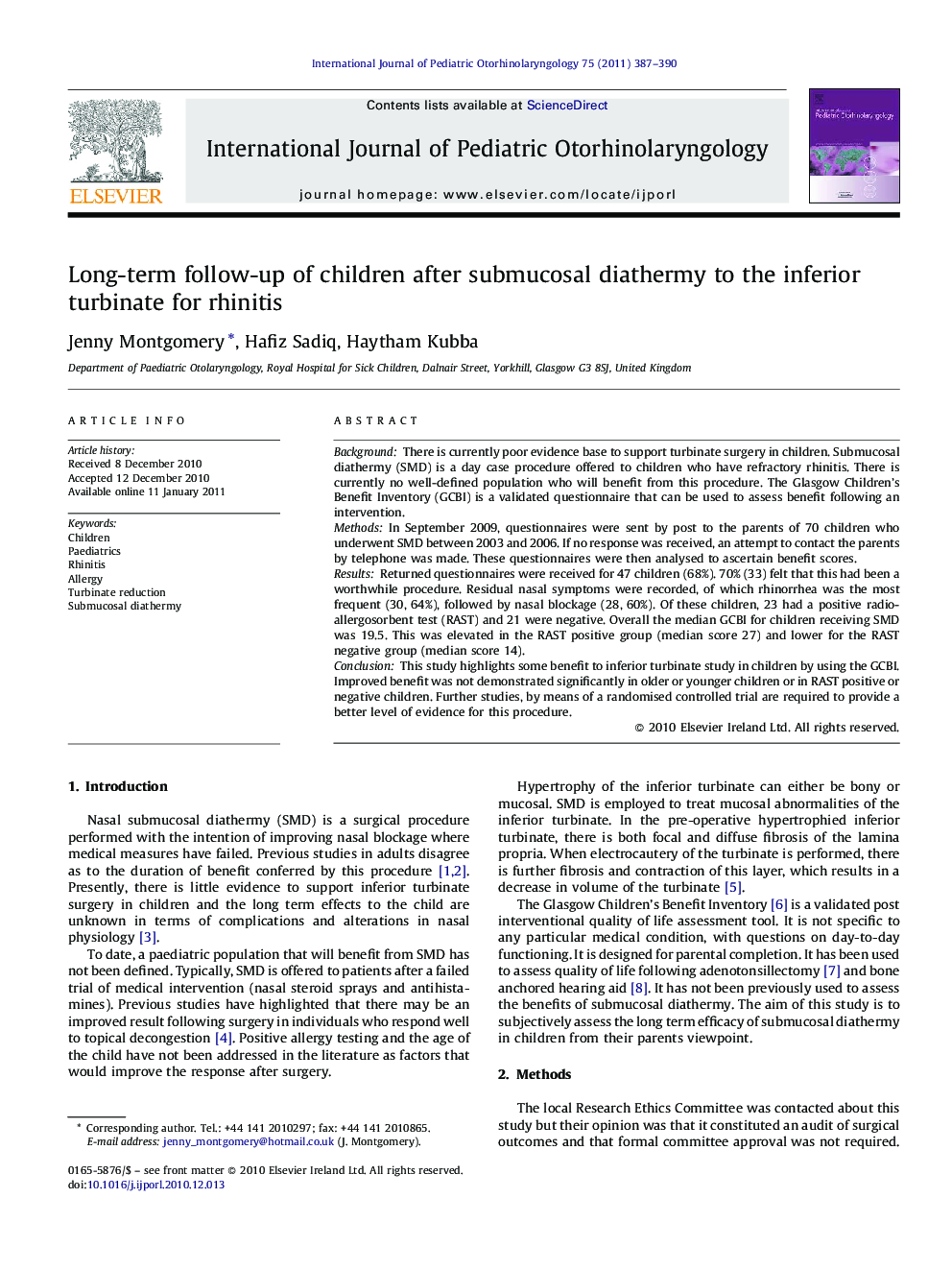 Long-term follow-up of children after submucosal diathermy to the inferior turbinate for rhinitis