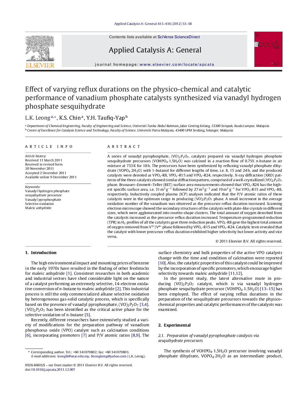 Effect of varying reflux durations on the physico-chemical and catalytic performance of vanadium phosphate catalysts synthesized via vanadyl hydrogen phosphate sesquihydrate