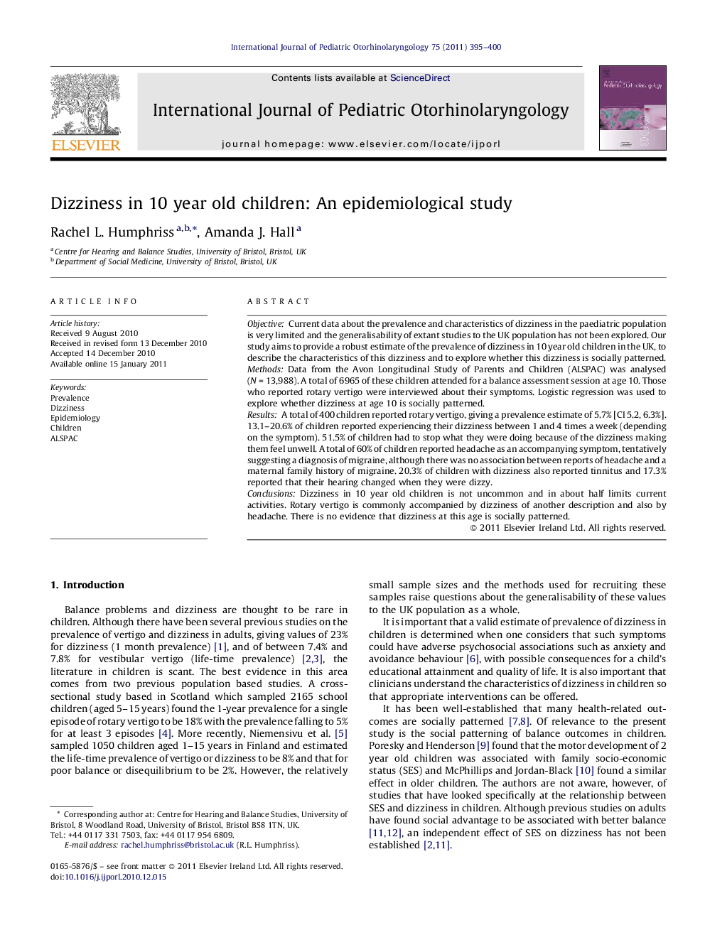 Dizziness in 10 year old children: An epidemiological study