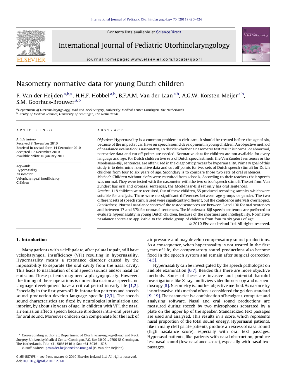 Nasometry normative data for young Dutch children