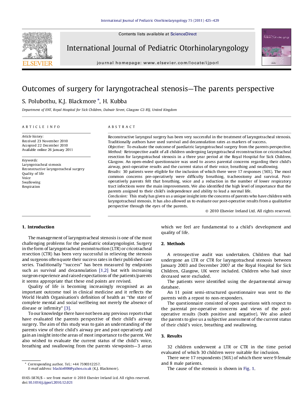 Outcomes of surgery for laryngotracheal stenosis—The parents perspective