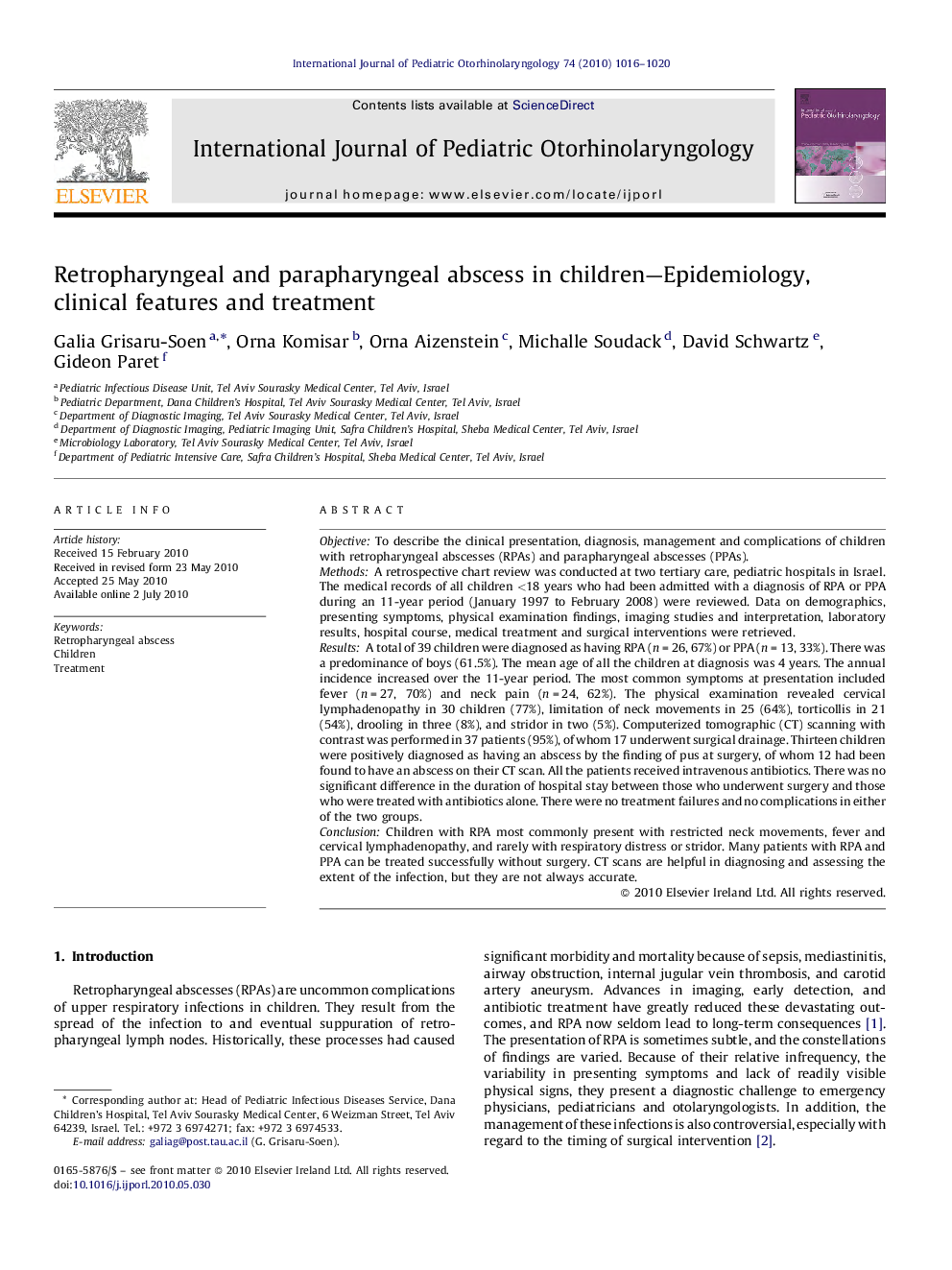 Retropharyngeal and parapharyngeal abscess in children—Epidemiology, clinical features and treatment