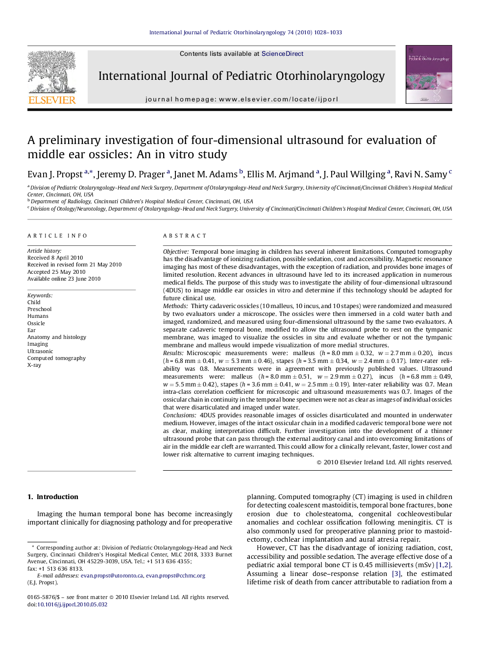 A preliminary investigation of four-dimensional ultrasound for evaluation of middle ear ossicles: An in vitro study