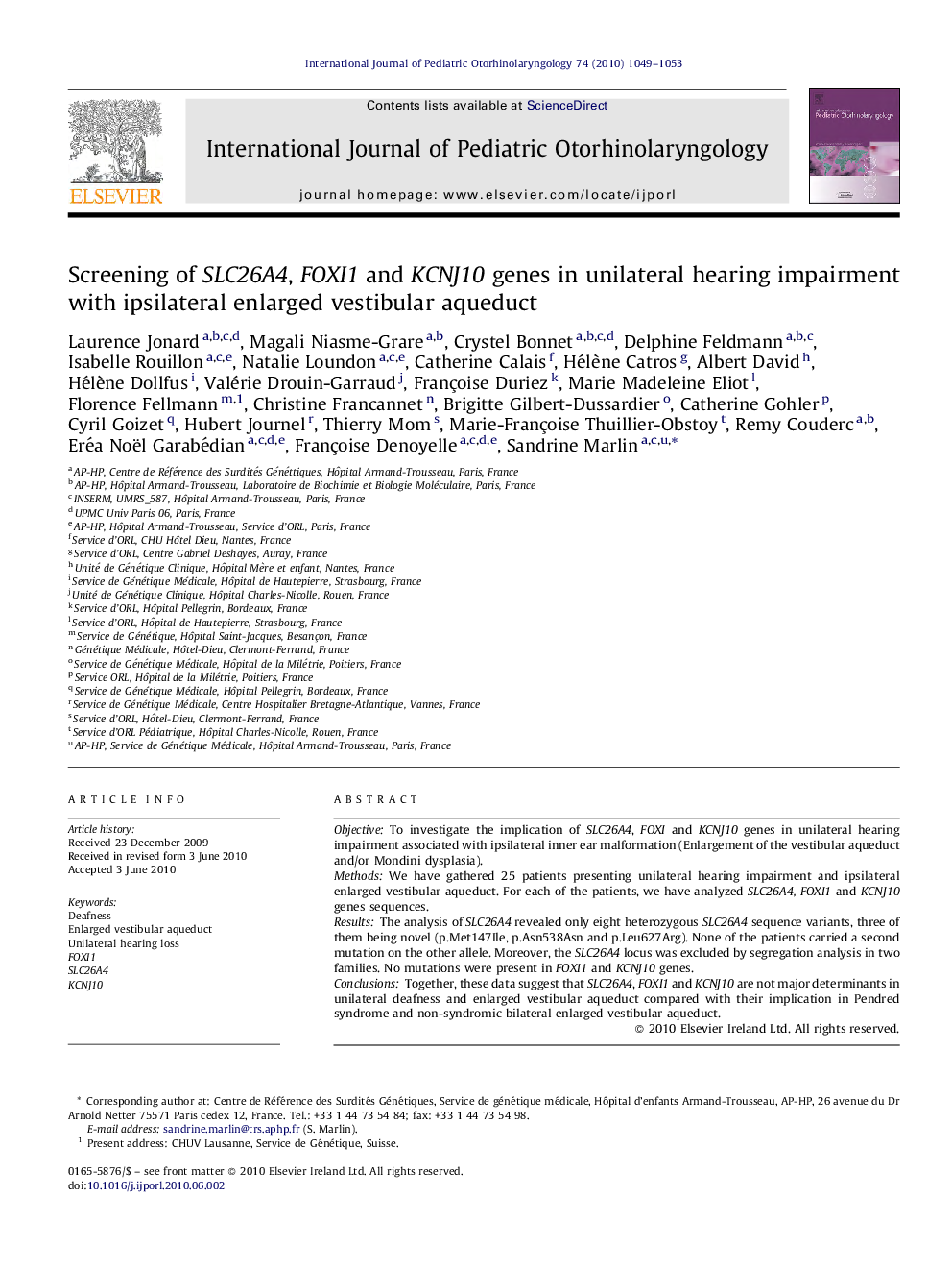 Screening of SLC26A4, FOXI1 and KCNJ10 genes in unilateral hearing impairment with ipsilateral enlarged vestibular aqueduct