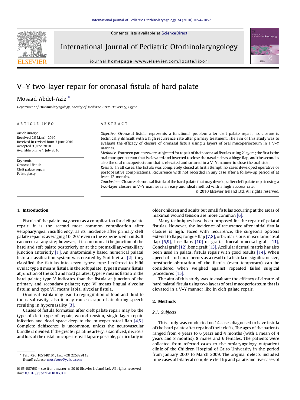 V–Y two-layer repair for oronasal fistula of hard palate