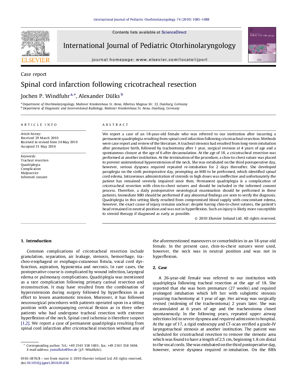 Spinal cord infarction following cricotracheal resection