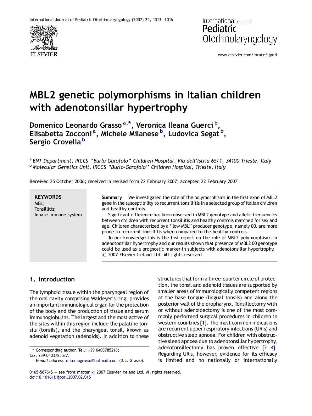 MBL2 genetic polymorphisms in Italian children with adenotonsillar hypertrophy