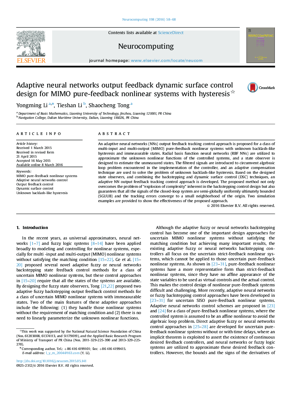 Adaptive neural networks output feedback dynamic surface control design for MIMO pure-feedback nonlinear systems with hysteresis 