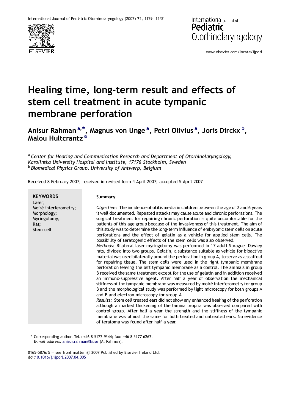 Healing time, long-term result and effects of stem cell treatment in acute tympanic membrane perforation