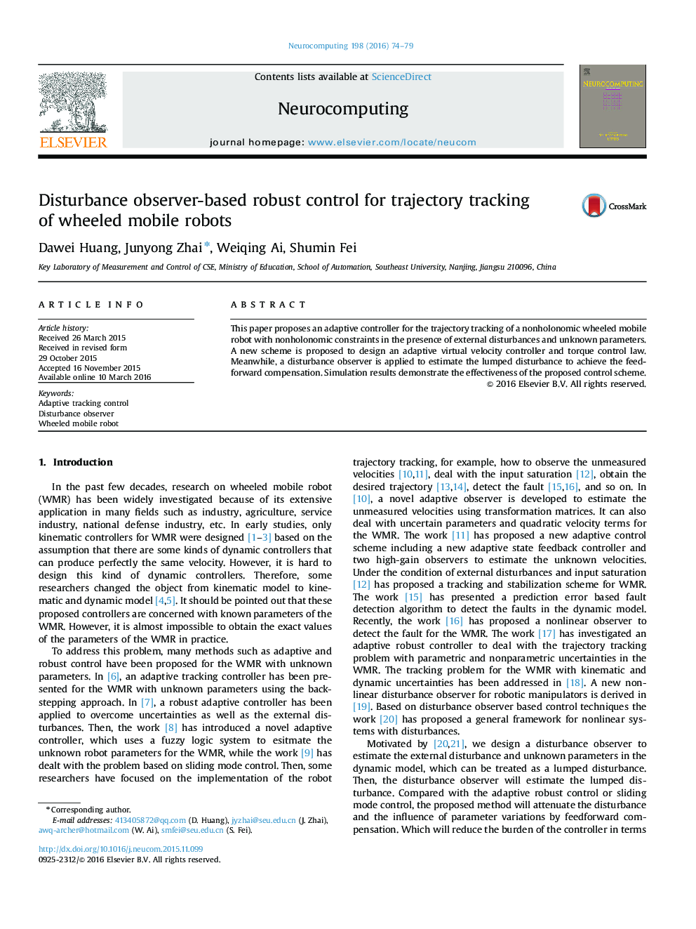 Disturbance observer-based robust control for trajectory tracking of wheeled mobile robots