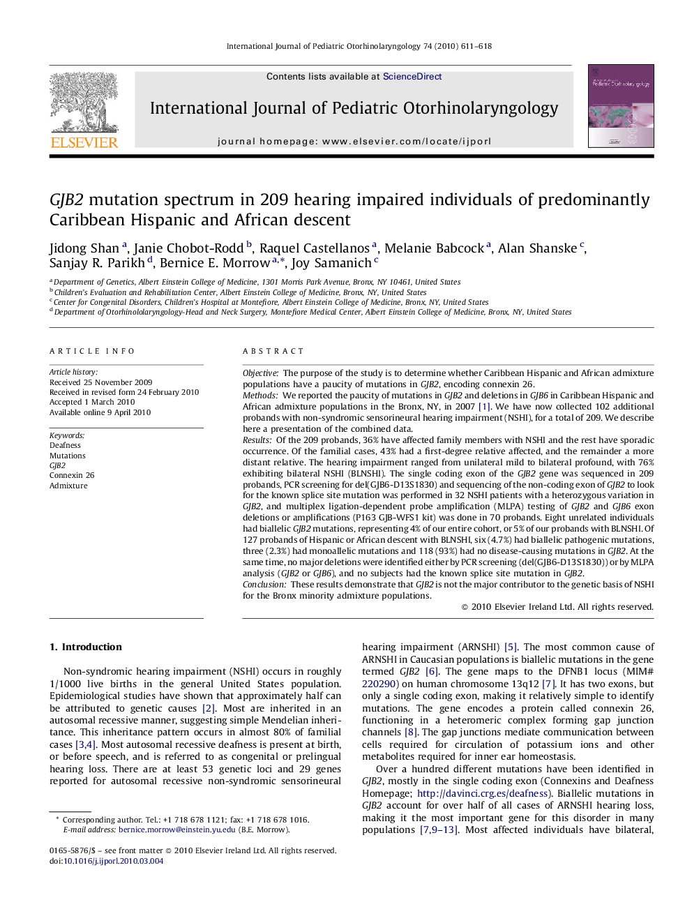 GJB2 mutation spectrum in 209 hearing impaired individuals of predominantly Caribbean Hispanic and African descent