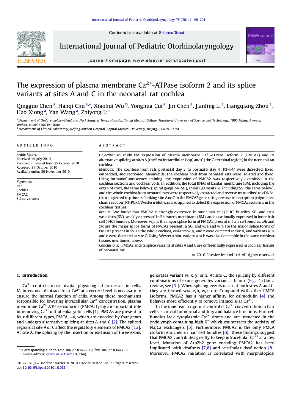 The expression of plasma membrane Ca2+-ATPase isoform 2 and its splice variants at sites A and C in the neonatal rat cochlea