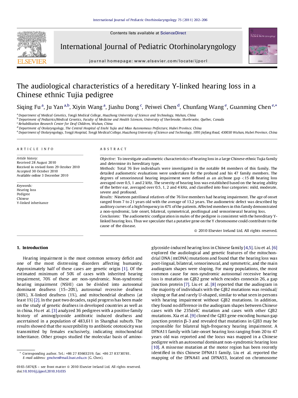 The audiological characteristics of a hereditary Y-linked hearing loss in a Chinese ethnic Tujia pedigree