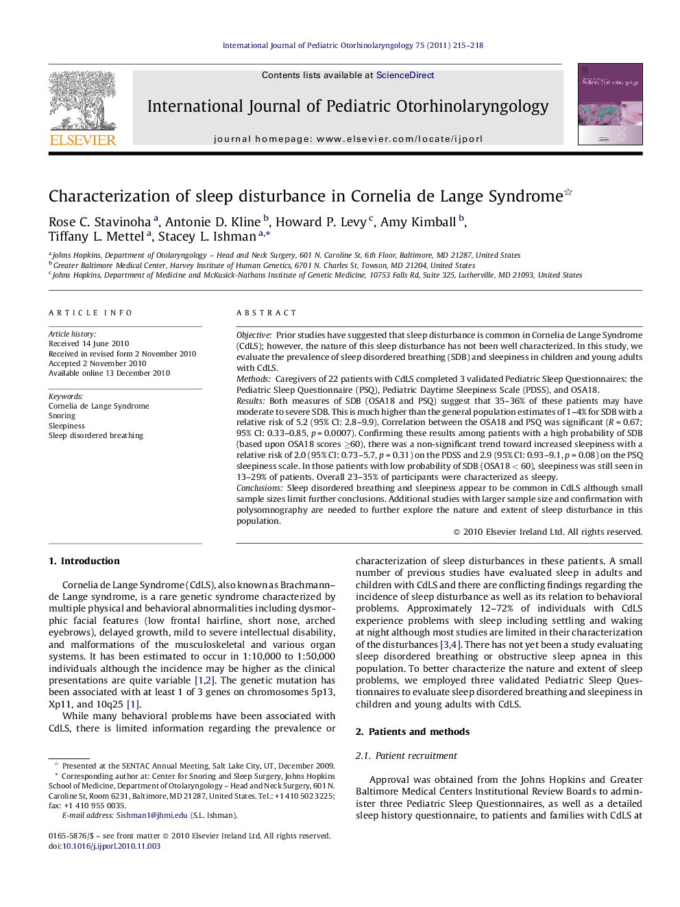 Characterization of sleep disturbance in Cornelia de Lange Syndrome 