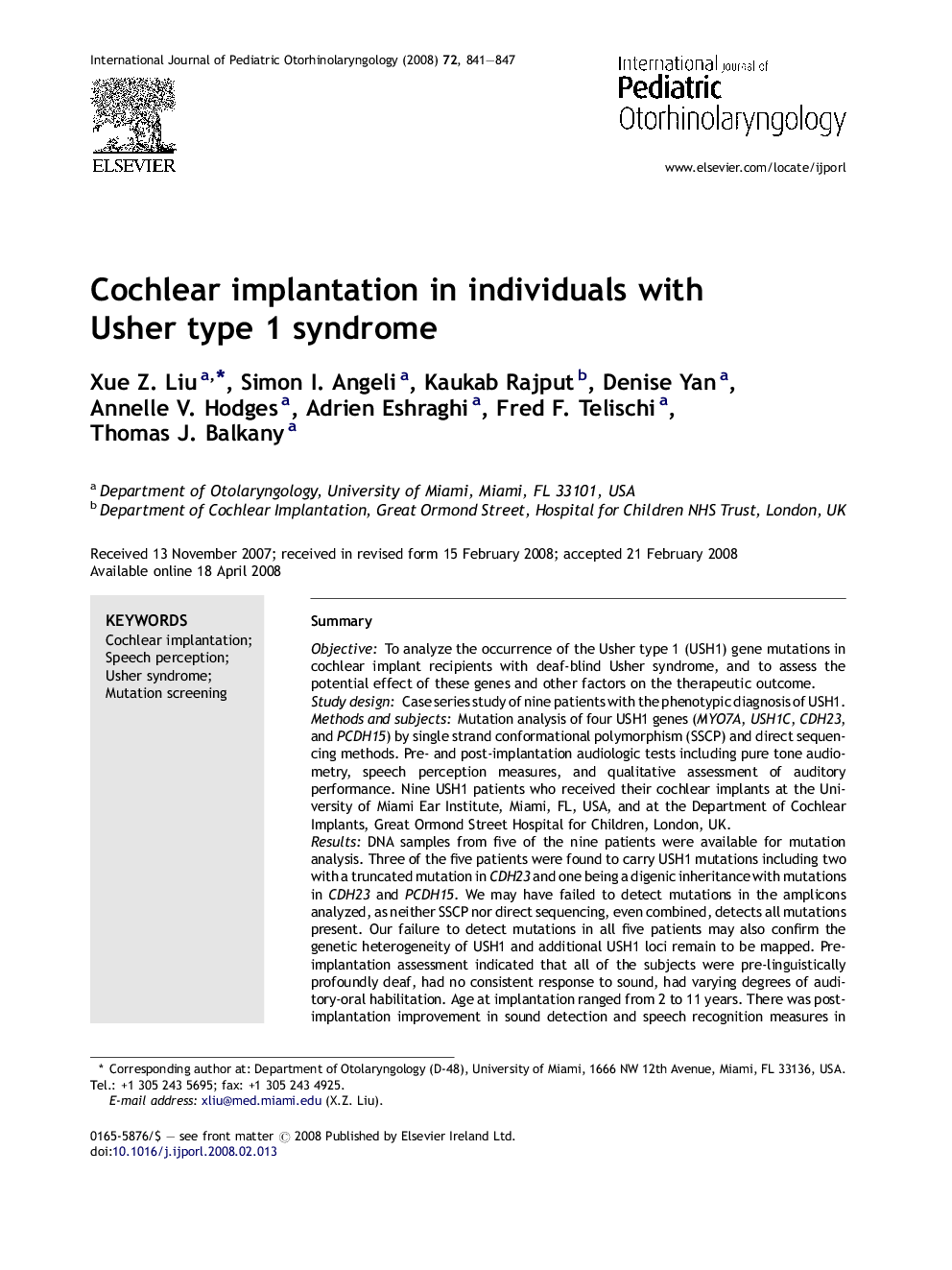 Cochlear implantation in individuals with Usher type 1 syndrome