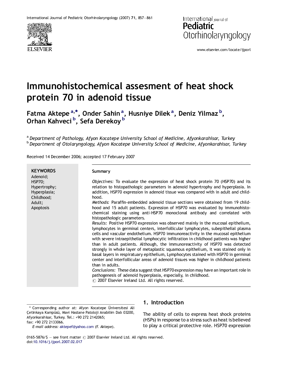 Immunohistochemical assesment of heat shock protein 70 in adenoid tissue