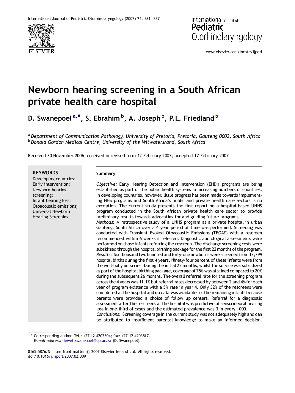 Newborn hearing screening in a South African private health care hospital