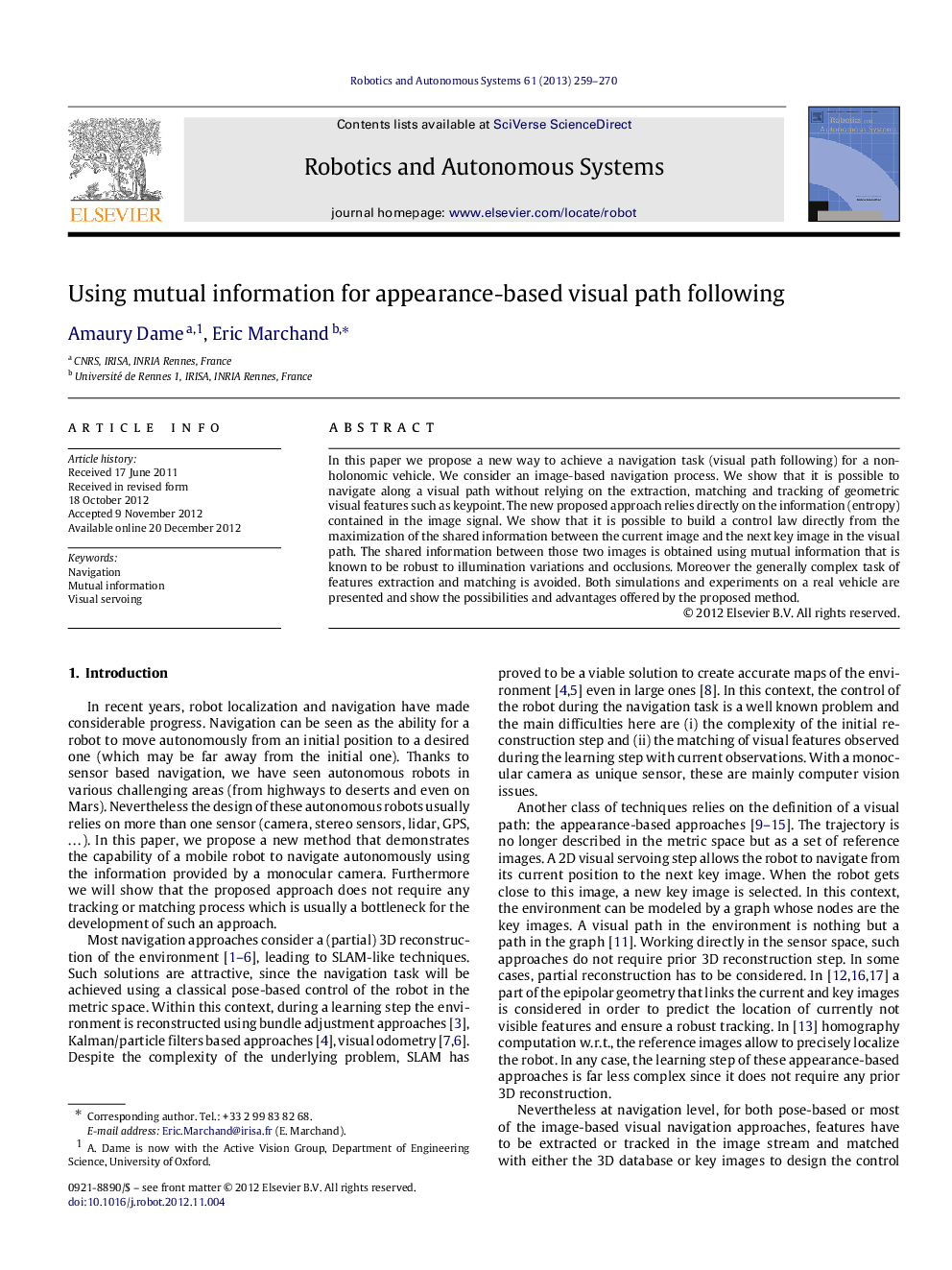 Using mutual information for appearance-based visual path following