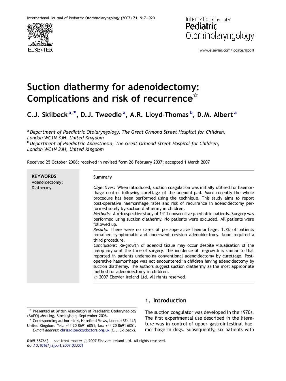 Suction diathermy for adenoidectomy: Complications and risk of recurrence 