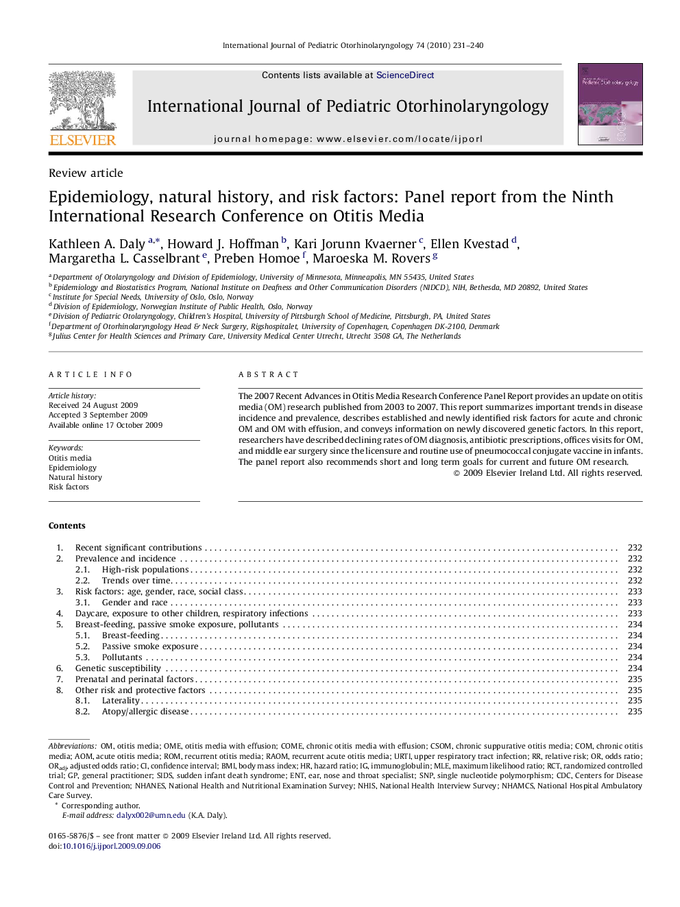 Epidemiology, natural history, and risk factors: Panel report from the Ninth International Research Conference on Otitis Media