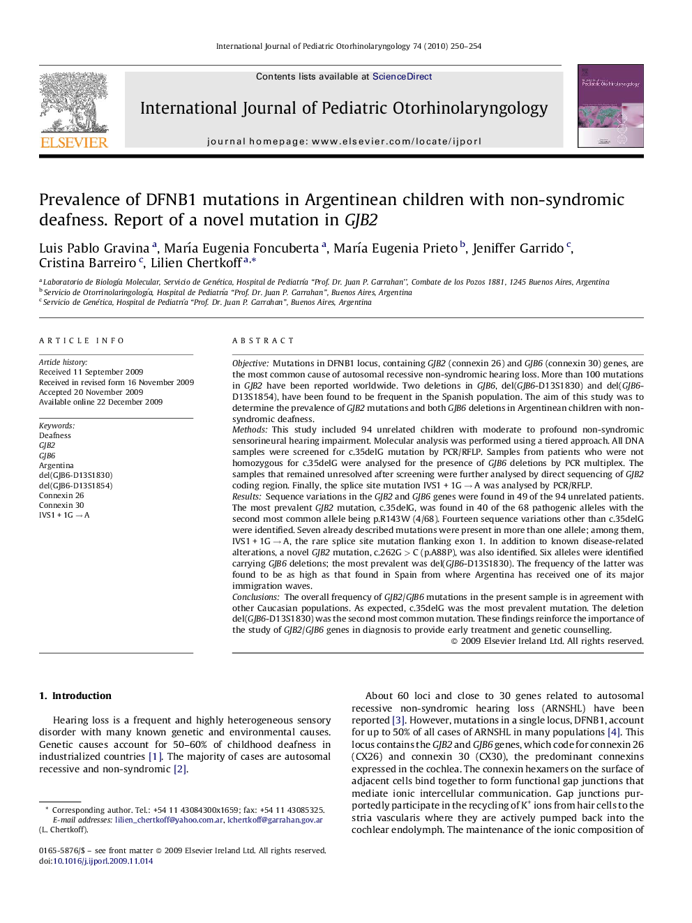 Prevalence of DFNB1 mutations in Argentinean children with non-syndromic deafness. Report of a novel mutation in GJB2