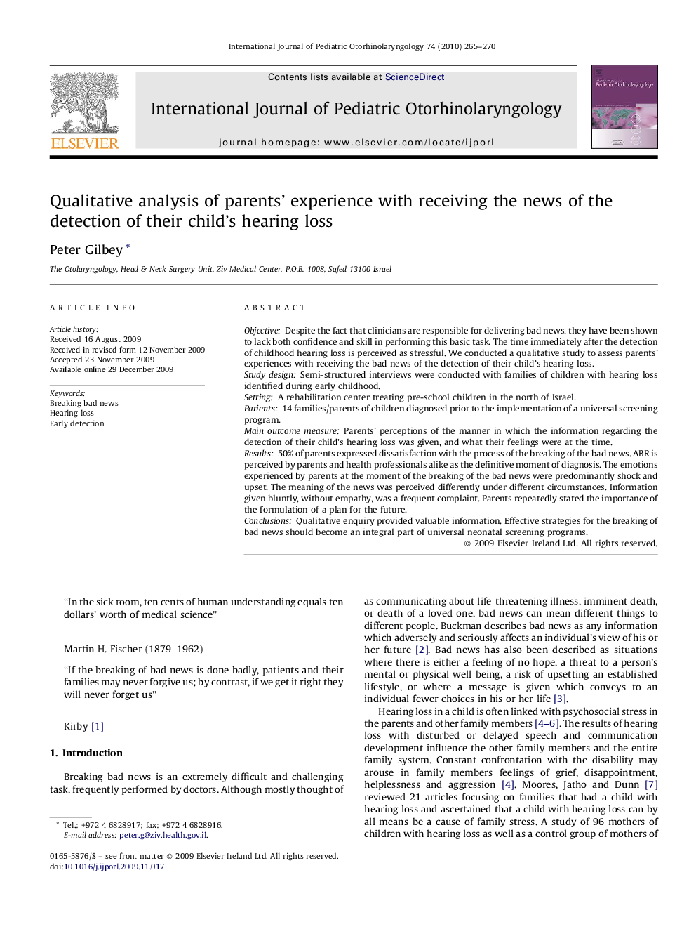 Qualitative analysis of parents’ experience with receiving the news of the detection of their child's hearing loss