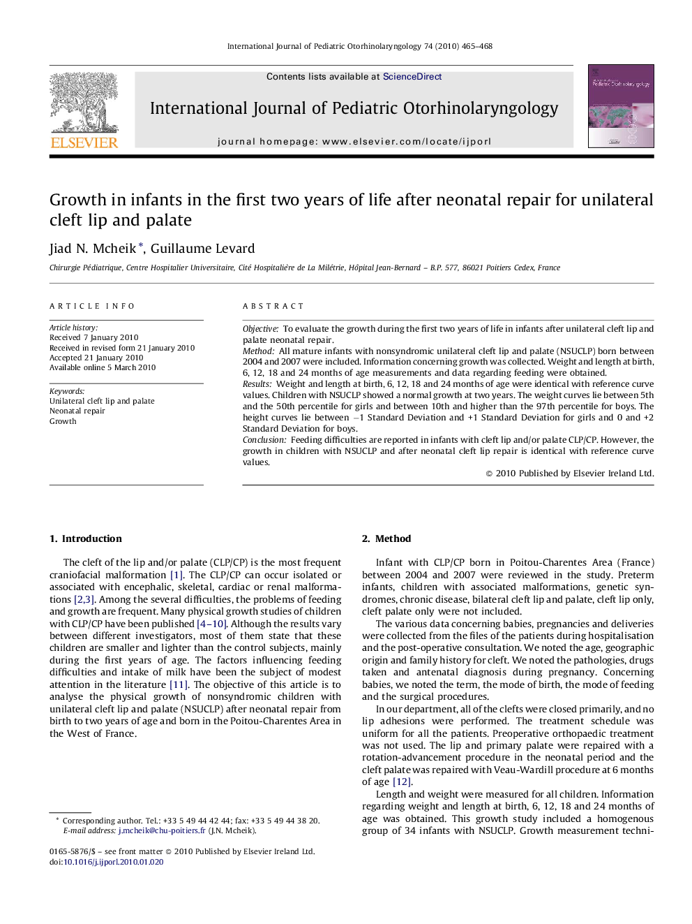 Growth in infants in the first two years of life after neonatal repair for unilateral cleft lip and palate