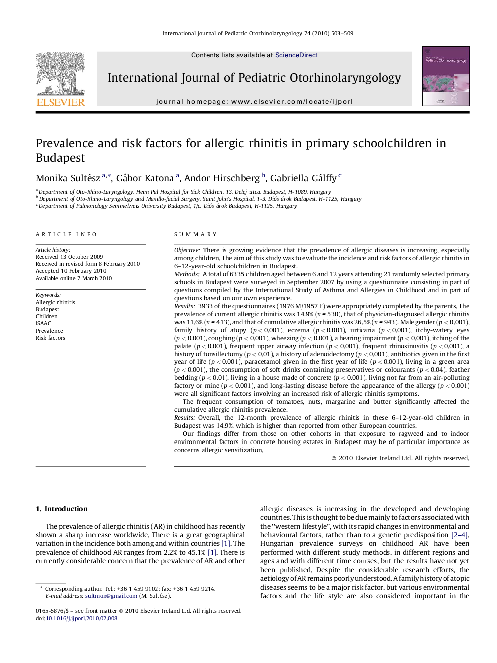 Prevalence and risk factors for allergic rhinitis in primary schoolchildren in Budapest