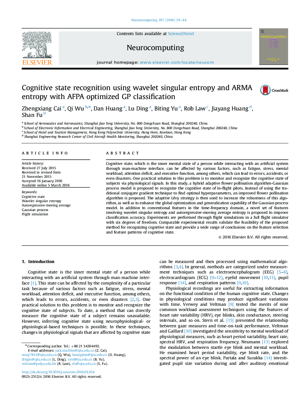 Cognitive state recognition using wavelet singular entropy and ARMA entropy with AFPA optimized GP classification