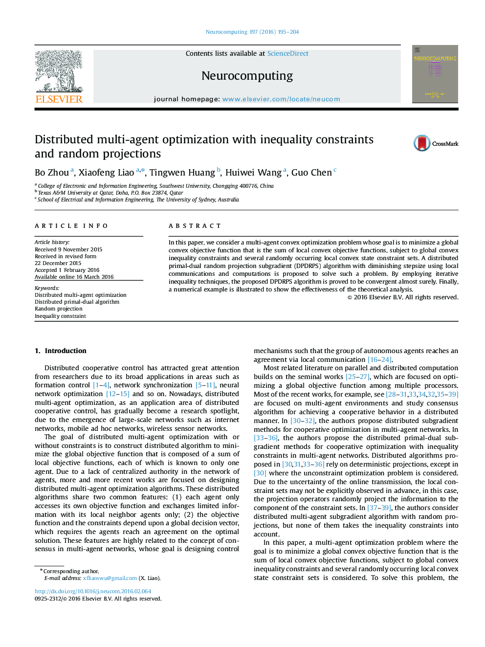 Distributed multi-agent optimization with inequality constraints and random projections