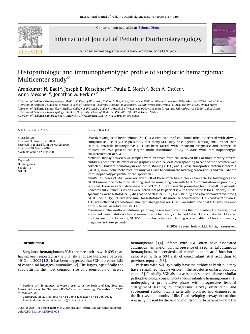 Histopathologic and immunophenotypic profile of subglottic hemangioma: Multicenter study 