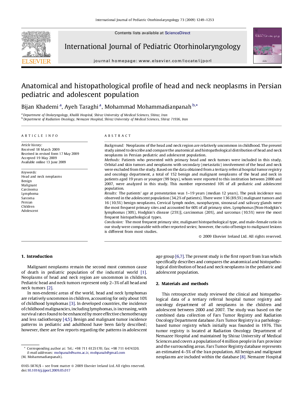 Anatomical and histopathological profile of head and neck neoplasms in Persian pediatric and adolescent population