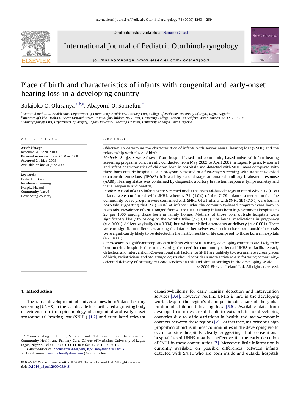 Place of birth and characteristics of infants with congenital and early-onset hearing loss in a developing country