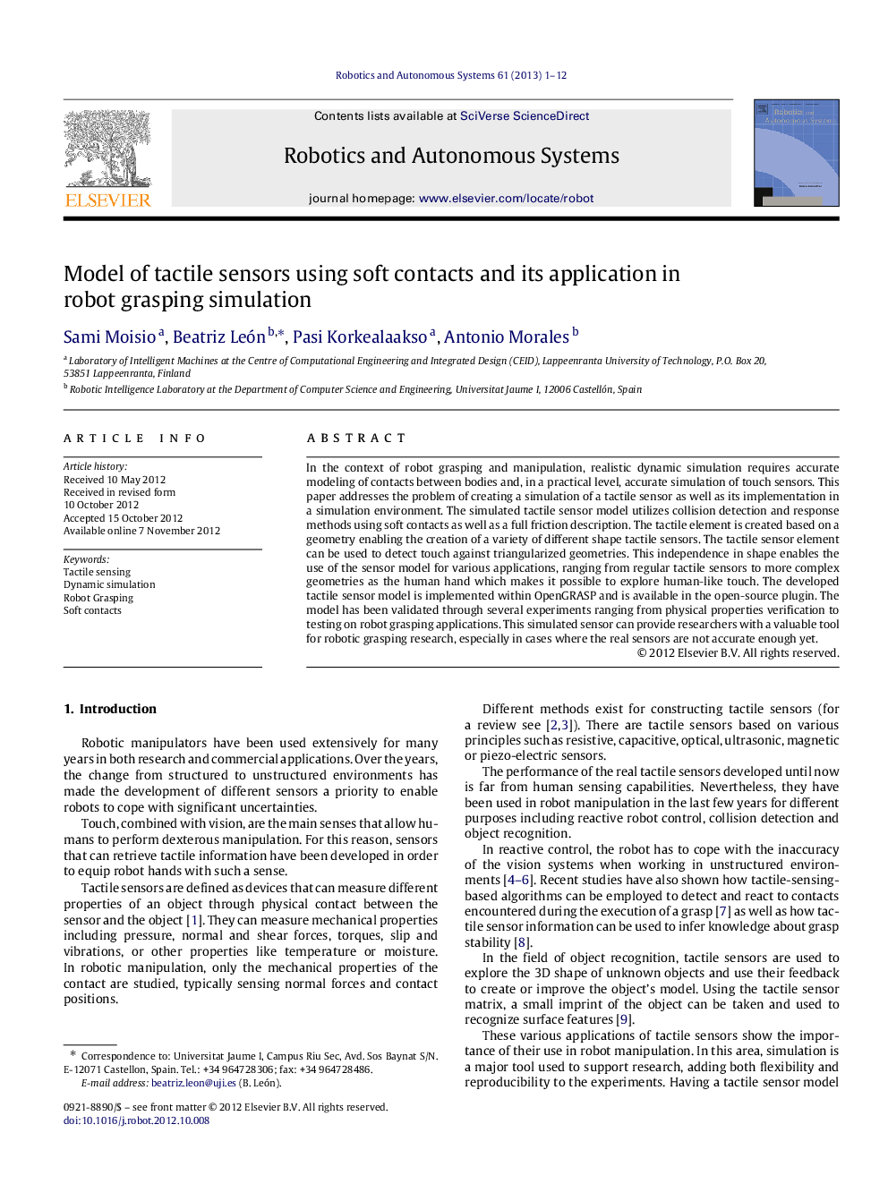 Model of tactile sensors using soft contacts and its application in robot grasping simulation