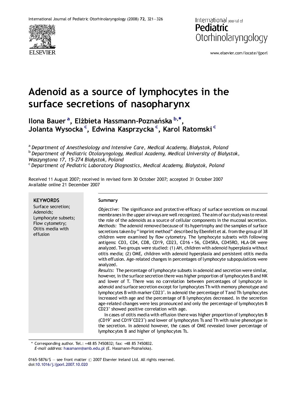 Adenoid as a source of lymphocytes in the surface secretions of nasopharynx