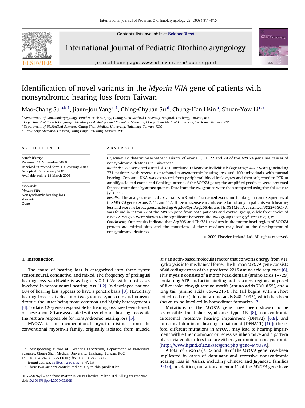 Identification of novel variants in the Myosin VIIA gene of patients with nonsyndromic hearing loss from Taiwan