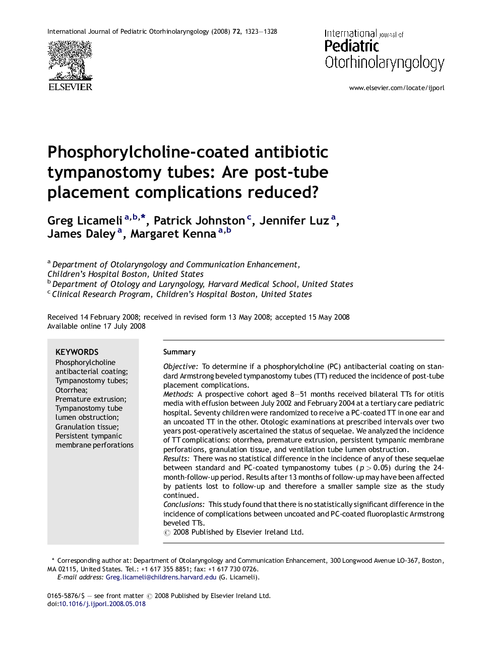 Phosphorylcholine-coated antibiotic tympanostomy tubes: Are post-tube placement complications reduced?