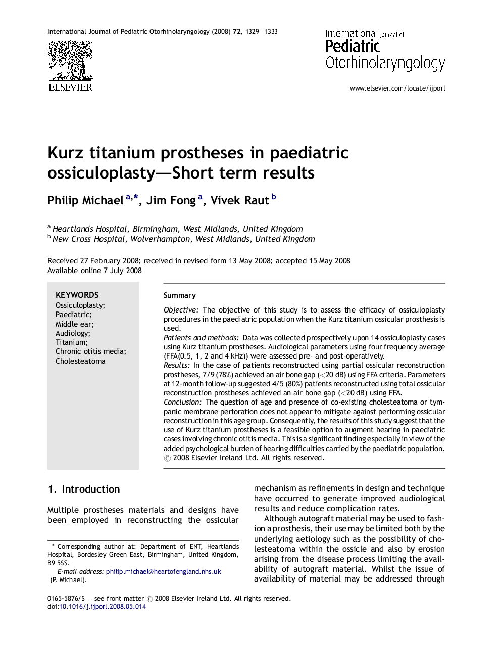 Kurz titanium prostheses in paediatric ossiculoplasty—Short term results