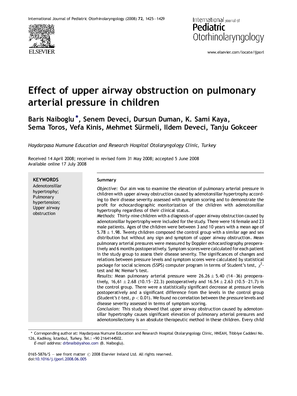 Effect of upper airway obstruction on pulmonary arterial pressure in children