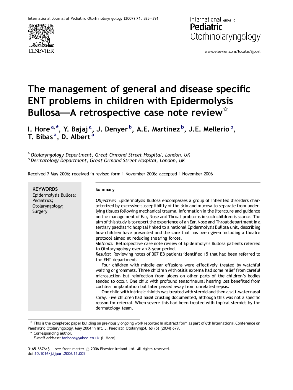 The management of general and disease specific ENT problems in children with Epidermolysis Bullosa—A retrospective case note review 