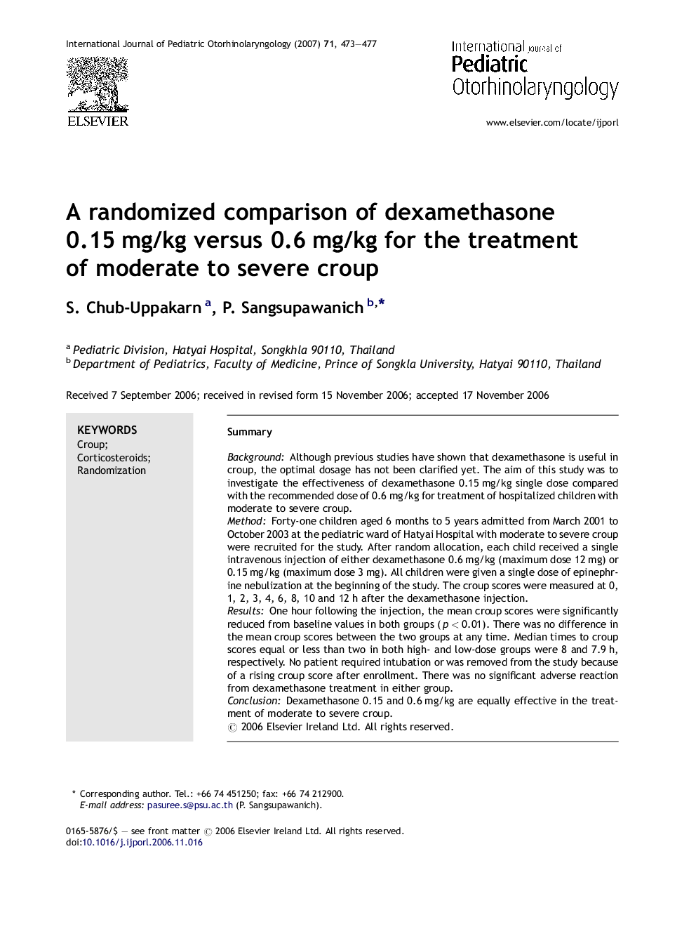 A randomized comparison of dexamethasone 0.15 mg/kg versus 0.6 mg/kg for the treatment of moderate to severe croup