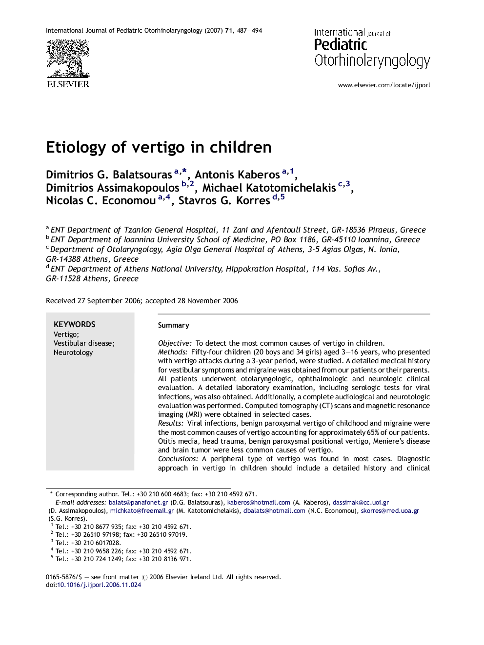 Etiology of vertigo in children