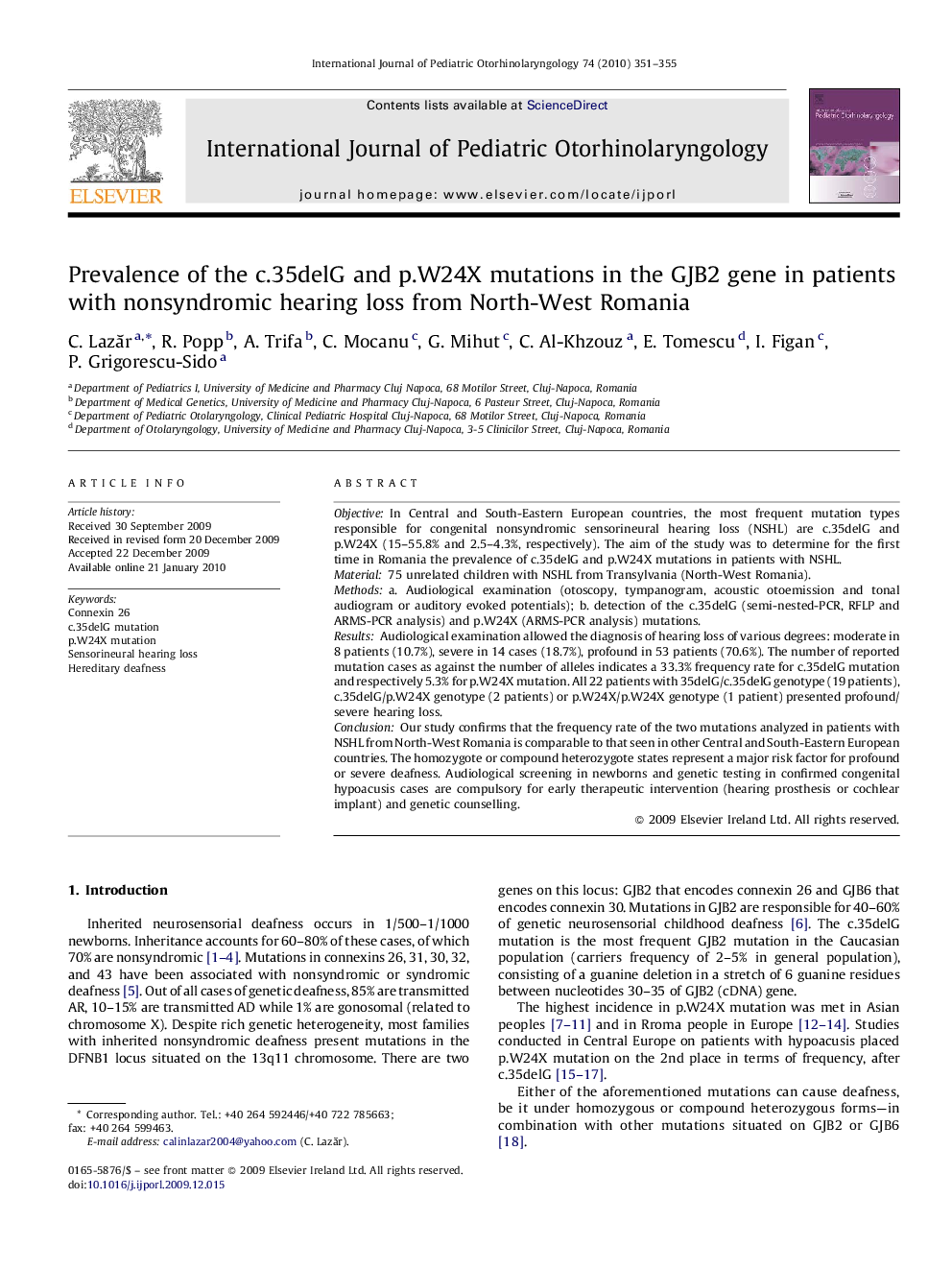 Prevalence of the c.35delG and p.W24X mutations in the GJB2 gene in patients with nonsyndromic hearing loss from North-West Romania