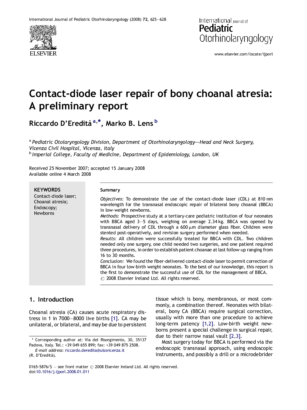 Contact-diode laser repair of bony choanal atresia: A preliminary report