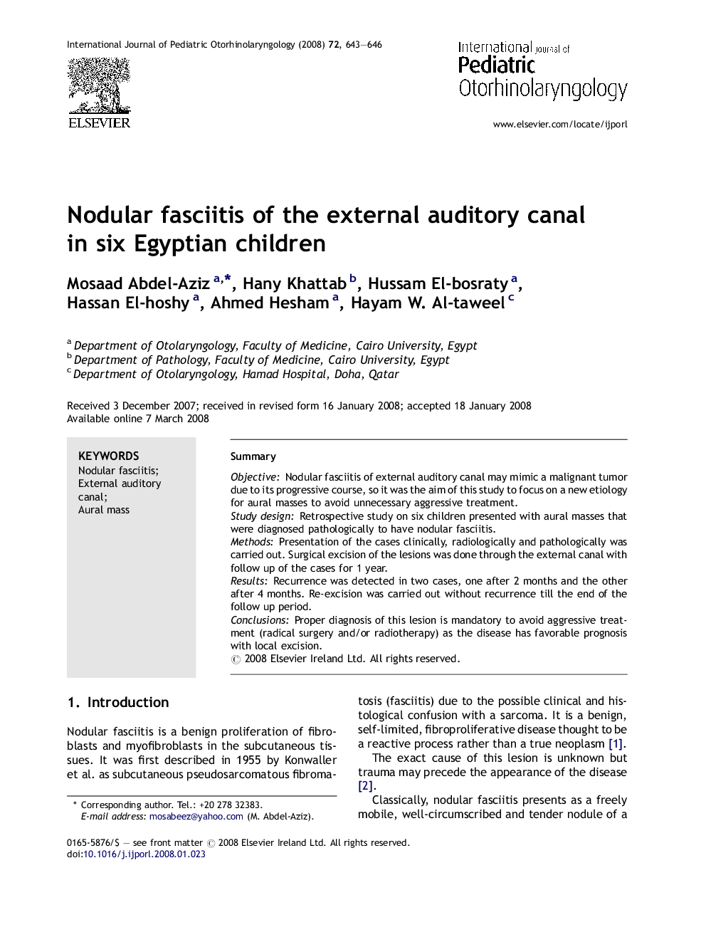 Nodular fasciitis of the external auditory canal in six Egyptian children