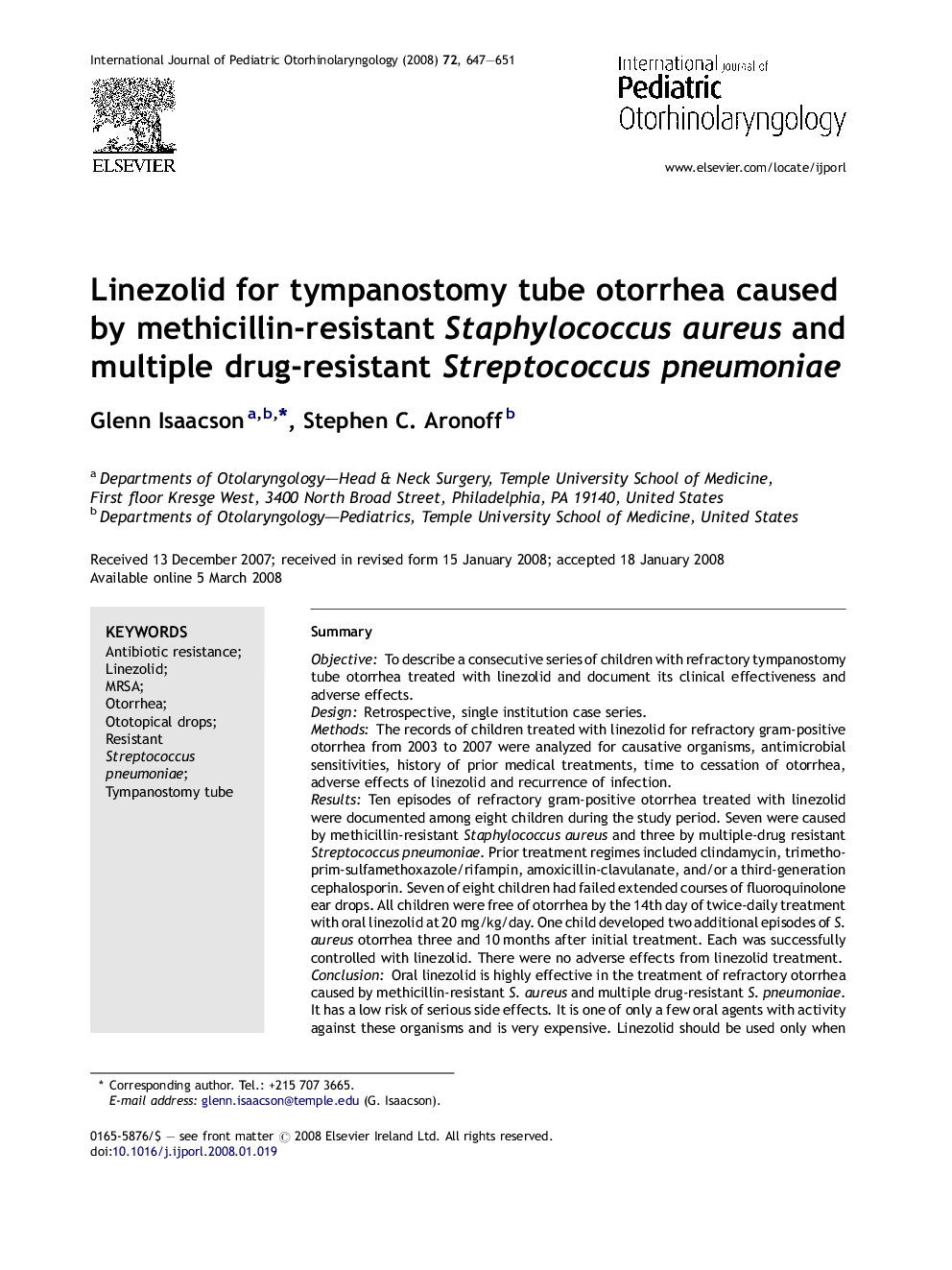 Linezolid for tympanostomy tube otorrhea caused by methicillin-resistant Staphylococcus aureus and multiple drug-resistant Streptococcus pneumoniae