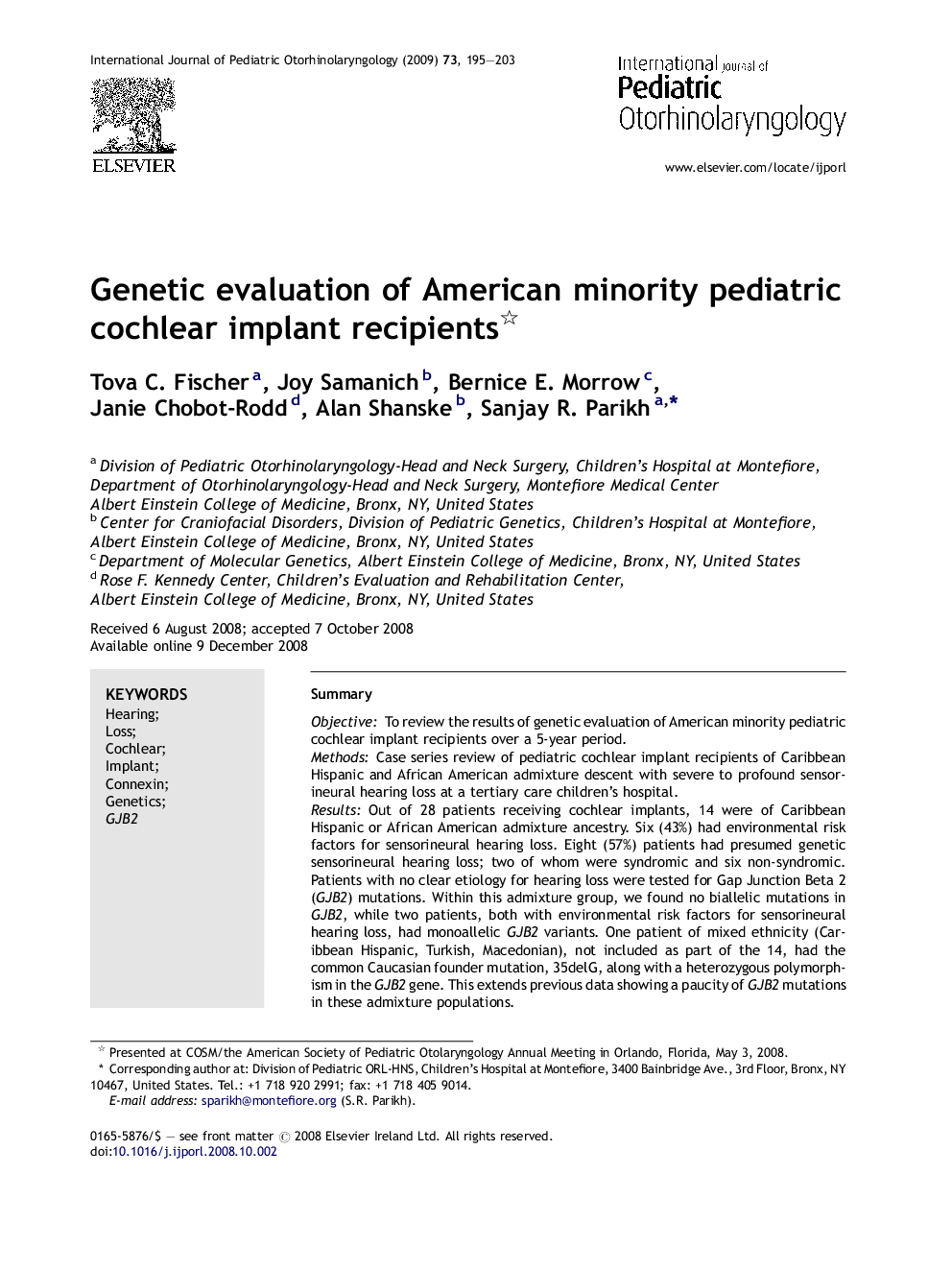 Genetic evaluation of American minority pediatric cochlear implant recipients 