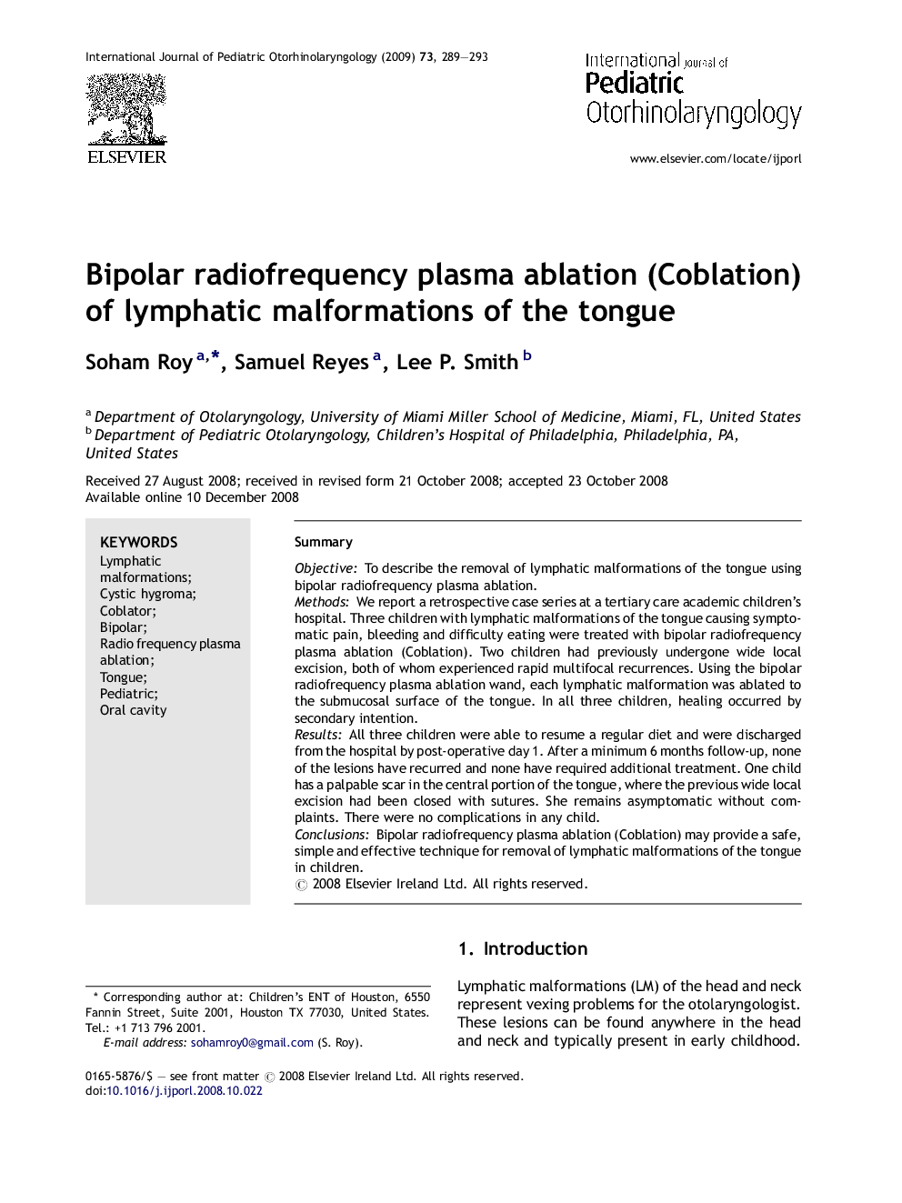 Bipolar radiofrequency plasma ablation (Coblation) of lymphatic malformations of the tongue