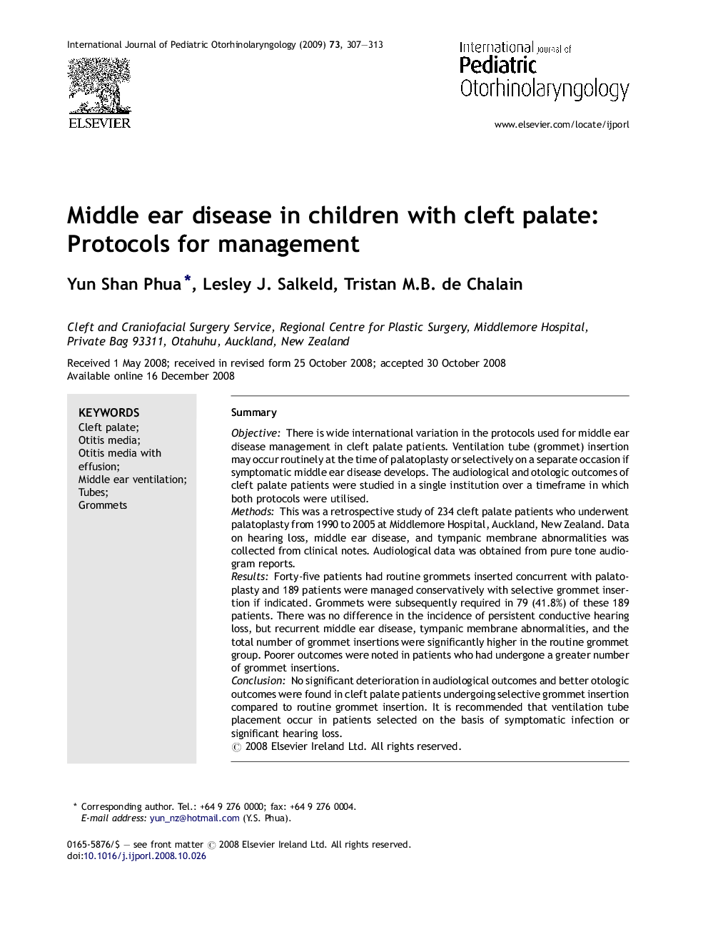 Middle ear disease in children with cleft palate: Protocols for management